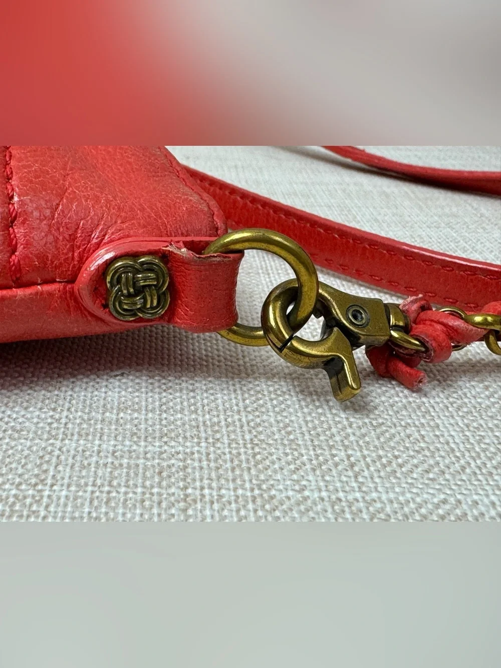 Red Woven Leather Crossbody Bag with Chain-Trim Strap